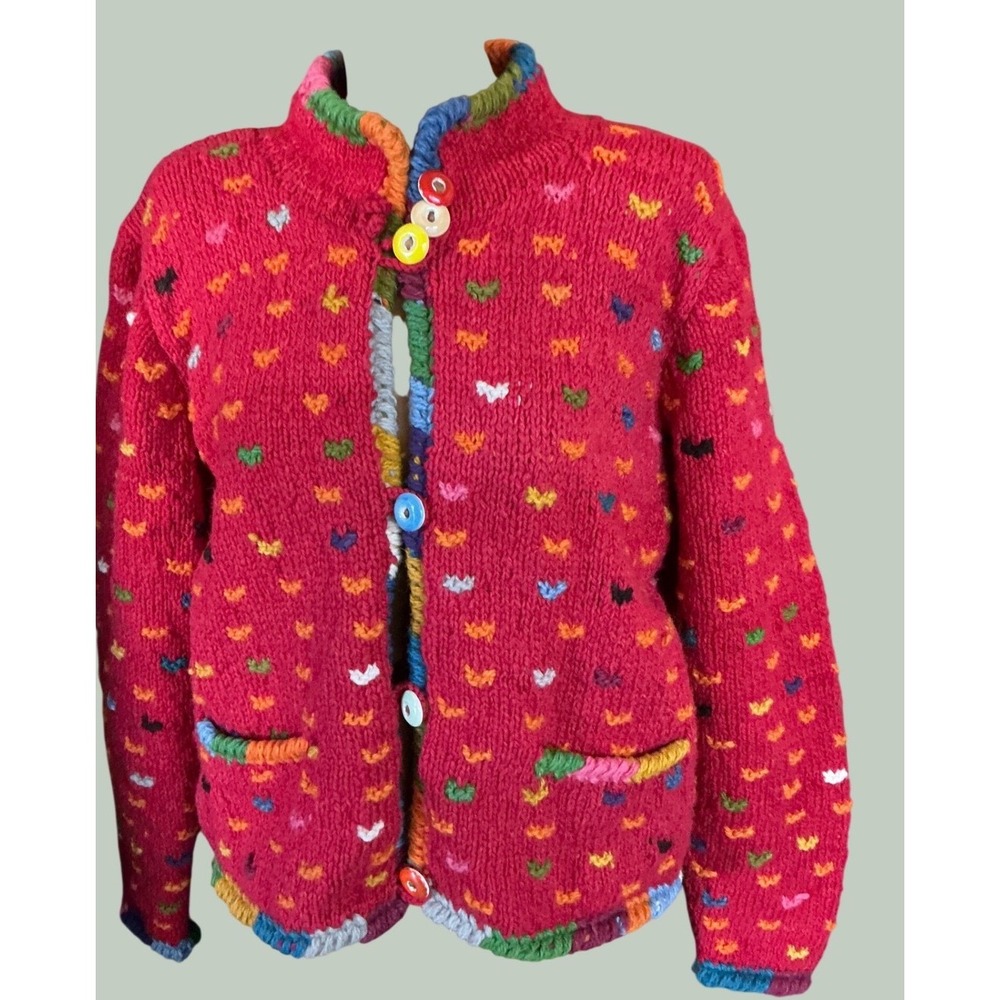 Amano Vintage Hand Knit Wool Cardigan Heart Rainbow Trim Red Sweater OS